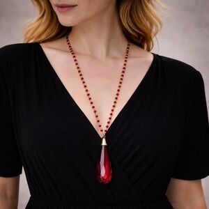 Vintage Red Faceted Glass Teardrop Long Beaded Chain Pendant Necklace Statement